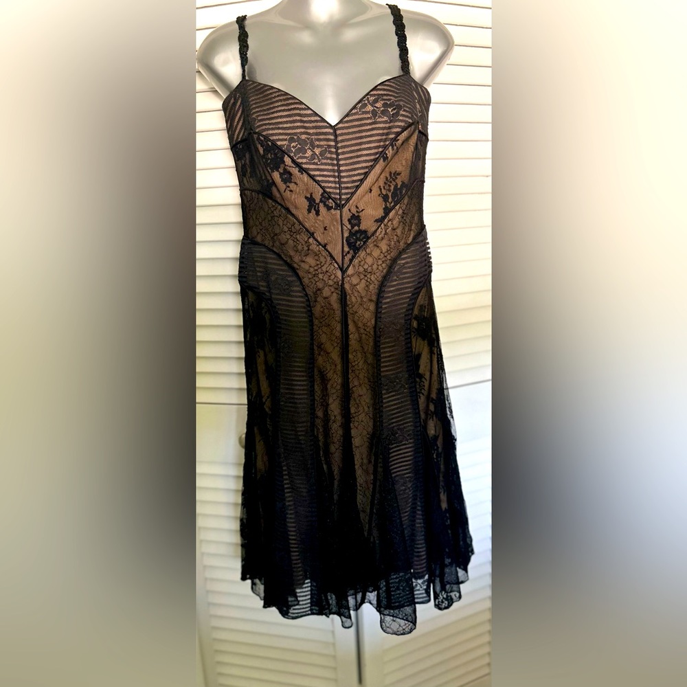 T Tadashi Vintage Dress is black Chantilly lace over a nude liner in a size 6.